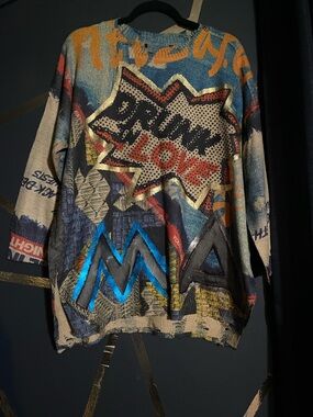 Graphic Patchwork Lightweight Sweater- Multicolor Pop-Art Design